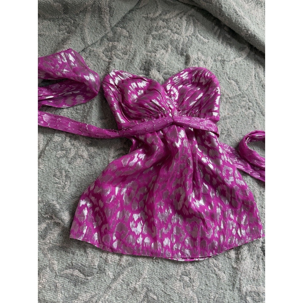 Trina Turk Metallic Silk Animal Print Strapless Sweetheart Blouse Pink Size 2